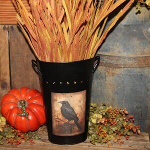 Rustic Fall Farmhouse Black Raven Crow Black Bird Bucket with Fall Foliage Grass